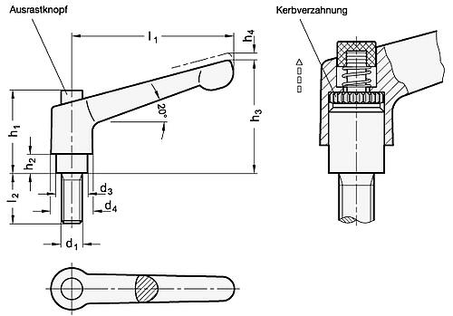 Ganter 303.1-30-M3-10-SW-G KLEMMHEBEL, EDELST., GRIFF SCHWARZ, KNOPF GRAU - GN 303-1 Verstellbare Klemmhebel - mit Ausrastknopf - Zink Druckguss - Schraube Edelstahl-Skizze