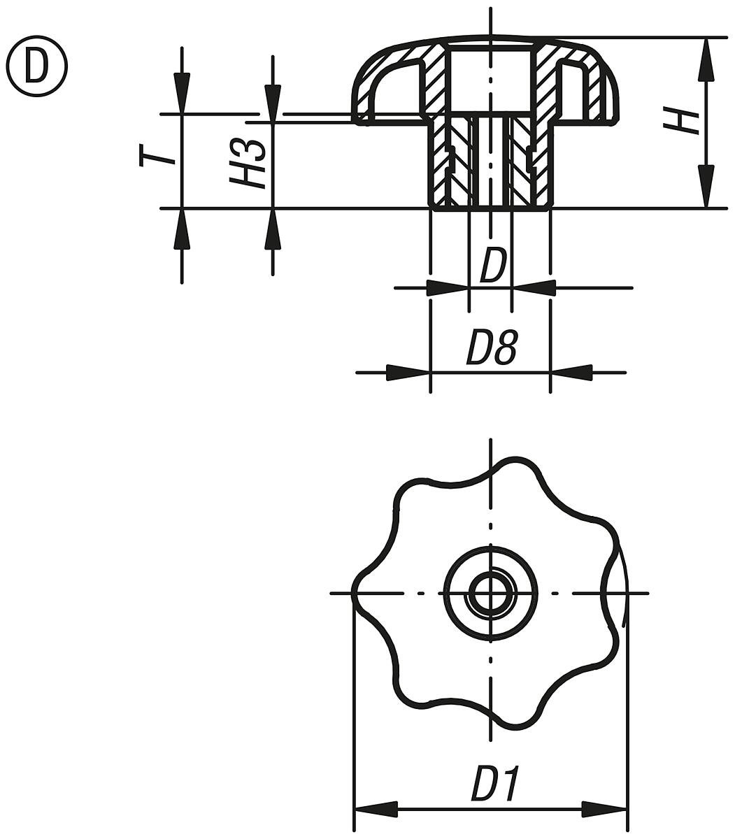 Norelem 06212-508 STERNGRIFF D1=40  M8          EDELSTAHL, FORM D - NLM 06212-D Sterngriffe aehnlich DIN 6336 Stahlteile Edelstahl - Innengewinde - Form D - Massblatt