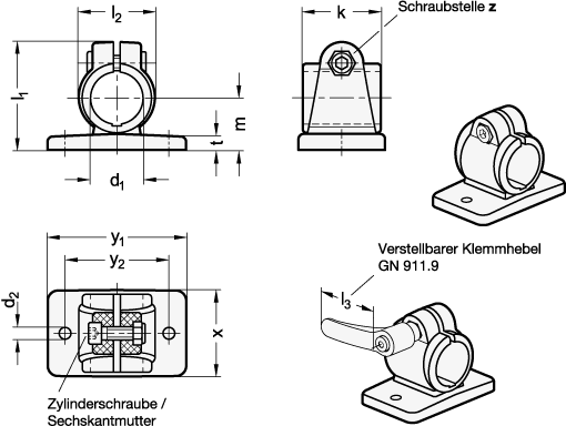 Ganter 146.9-B18-29-2-GR  Flansch-Klemmverbinder, Kunststoff, Bohrung d1: B 18, Klemmlänge k: 29, Kennziffer: 2 - mit Edelstahl-Zylinderschraube ISO 4762 - GN 146-9 Flansch-Klemmverbinder - Kunststoff - Massblatt