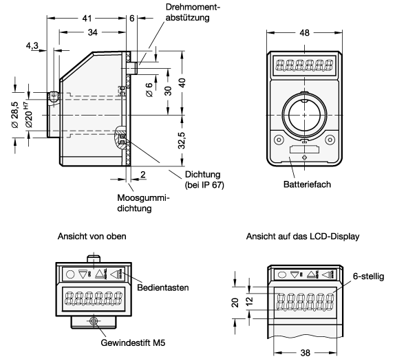 Ganter 9153-1-BL-V2  Stellungsanzeiger, Kunststoff, 6-stellig, elektronisch, LCD-Display, mit Funk-Datenübertragung, Kennziffer: 1 - Schutzart IP 65, Farbe: BL - blau, RAL 5005, glänzend, Generation: V2 - Version 2 - GN 9153 Stellungsanzeiger-Kunststoff-6 stellig-elektronisch-LCD-FunkDatenuebertragung-Massblatt
