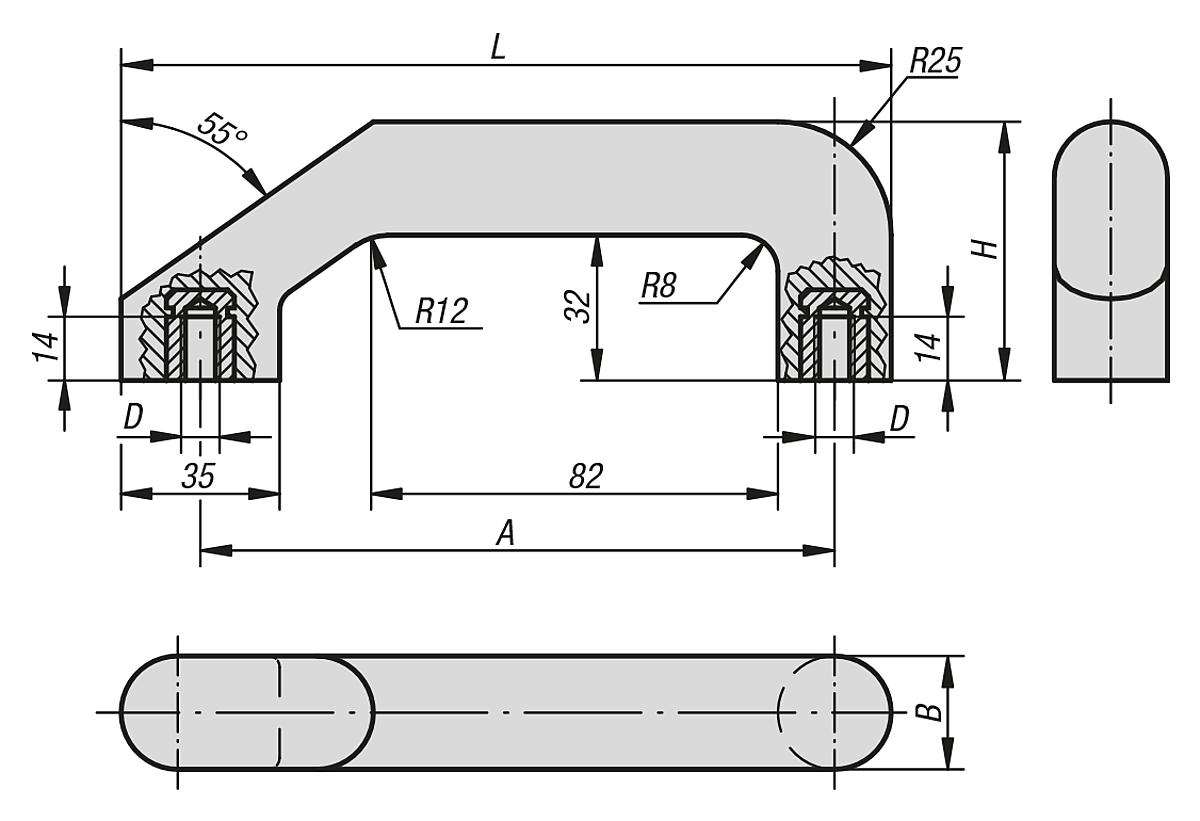 Norelem 06900-101 BÜGELGRIFF A=140, M8, DUROPLAST FS31, BUCHSE MESSING - NLM 06900 Buegelgriffe - Massblatt