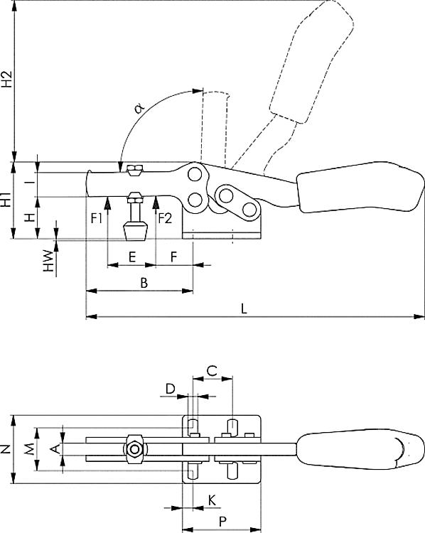AMF 68300T-1 Waagrechtspanner plus mit schwarzem Handgriff, Größe : 1, F1: 1,1 kN, F2: 1,7 kN - LE 68300T Waagrechtspanner plus mit schwarzem Handgriff-Skizze
