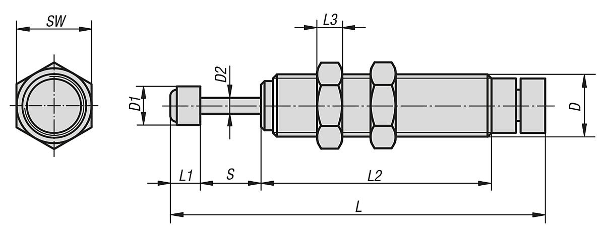 Norelem 26300-0810008 INDUSTRIE STOSSDÄMPFER, EINSTELLBAR, M8X1, C=8 - NLM 26300 Industrie Stossdaempfer einstellbar - Massblatt