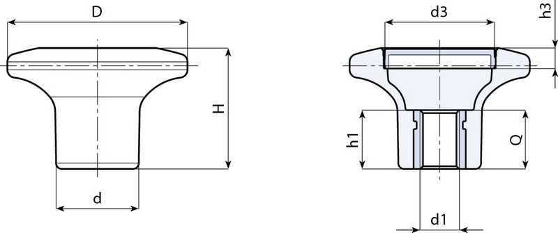 Leschhorn I131 Pilzgriffe  D 45; d 21; Gewinde d1 M10; Kunststoff PA, schwarz, - LE I131 Pilzgriffe-EcoLine-Massblatt