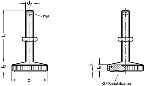 Ganter 339-29-M6-30-KR-ST STELLFUSS, KU KAPPE RUTSCHFEST - GN 339 Stellfuesse - Stahl-Skizze