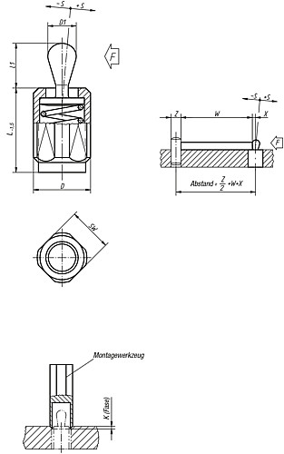 Kipp K0371.1100X12 FEDERNDES SEITENDRUCKSTÜCK, D=M12, D1=5, F=100N, L=11,5 - KIPP K0371-OA Federnde Seitendruckstuecke ohne Abdi