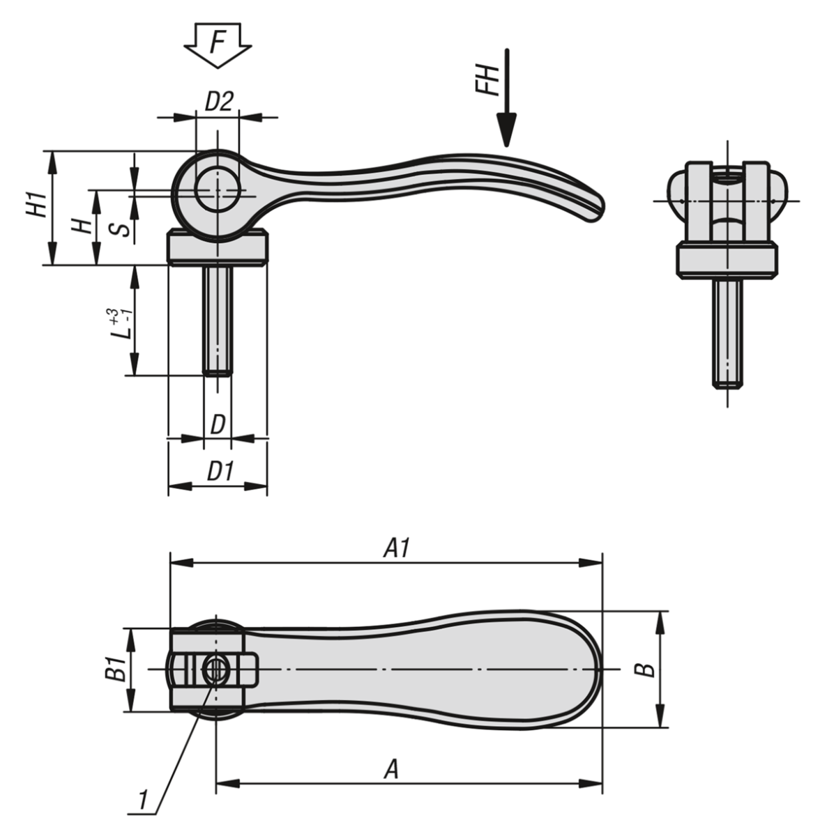 Norelem 04233-0541004X15 EXZENTERHEBEL EINSTELLBAR - NLM 04233-NI Exzenterhebel einstellbar Edelstahl mit Aussengewinde - Druckscheibe-Skizze