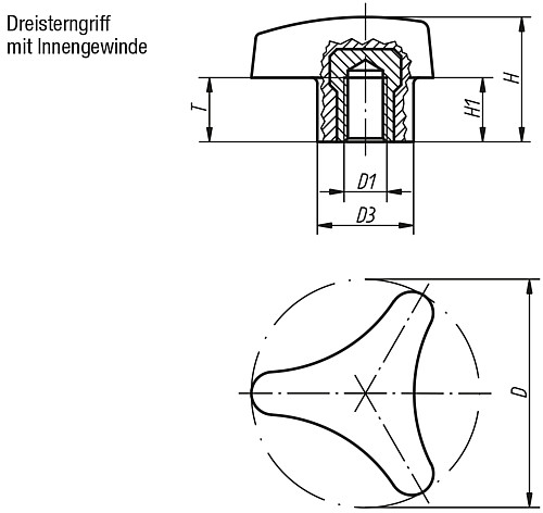Kipp K0183.14006 DREISTERNGRIFF MIT HOHEM BUND, D=40  M6 - KIPP K0183-IG Dreisterngriffe mit hohem Bund - Inne