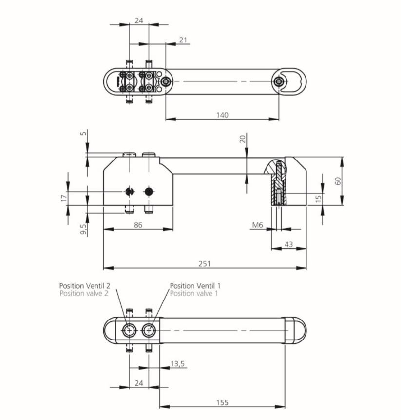 Leschhorn FG18-P5.RR140.11 Funktionsgriffe mit pneumatischer Schaltfunktion, Anschluss rechts, mit 2 Ventilen (5/2 Wegeventil) - LE FG18-P5 Funktionsgriffe mit pneumatischer Schaltfunktion - 5 2 Wegeventile - TZ