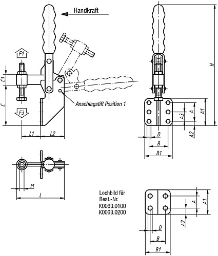 Kipp K0063.0100 SCHNELLSPANNER VERTIKAL, MIT WINKELFUSS, P=100 daN - KIPP K0063 Schnellspanner vertikal mit Winkelfuss