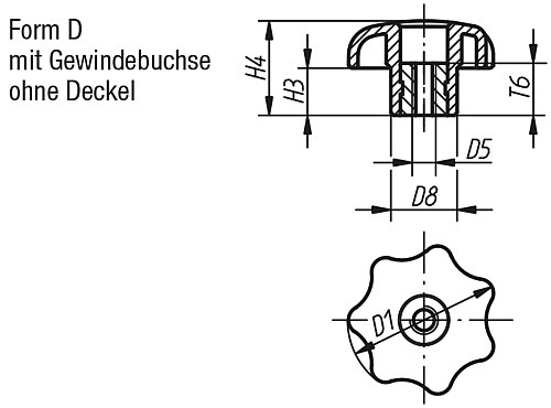 Kipp K0155.504 STERNGRIFF D1=25  M4, FORM D - KIPP K0155-D Sterngriffe aehnlich DIN 6336 - Innenge