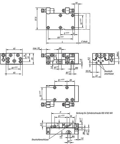 Norelem 20034-4020 LINEARMODUL PNEUMATISCH GR.4,C=20, MIT SCHIENENFÜHRUNG - Norelem 20034 Linearmodule pneumatisch mit Schienenfuehrung