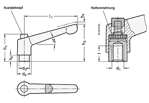 Ganter 303.1-30-M3-SW-G KLEMMHEBEL, EDELST., GRIFF SCHWARZ, KNOPF GRAU - GN 303-1 Verstellbare Klemmhebel - mit Ausrastknopf - Zink Druckguss - Buchse Edelstahl-Skizze