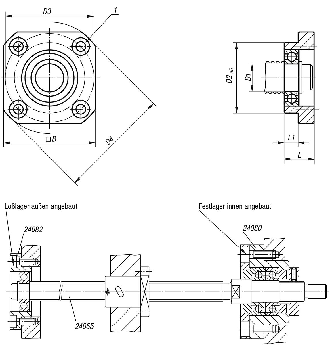 Norelem 24082-010 LOSLAGEREINHEIT GR.10, IN FLANSCHAUSFÜHRUNG - NLM 24082 Loslagereinheiten in Flanschausfuehrung - Massblatt