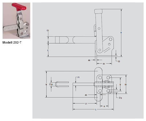 DESTACO 202-B Vertikal-Kniehebelspanner Haltekraft 1100 N - 2000 N, Öffnungswinkel 100° - 105° - 202-T Vertikalspanner - T-Handgriff - massiver Spannarm - Fuss abgewinkelt