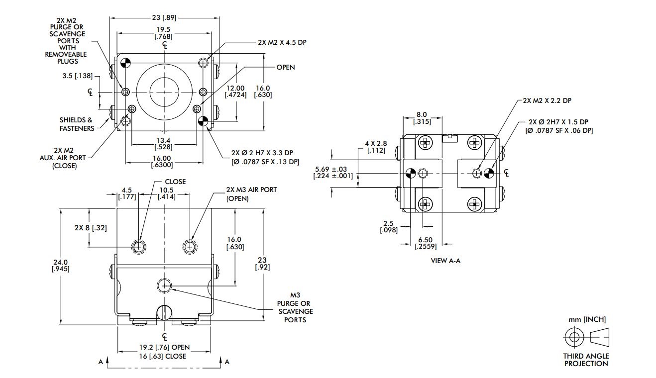 DESTACO RPMC-1M-V Miniatur-Parallelgreifer Greifkraft: 36 N, Hub 3,2 mm, Reinraum Klasse 10 - DESTACO RPM RPMC-1-M - Miniatur-Parallelgreifer-Skizze