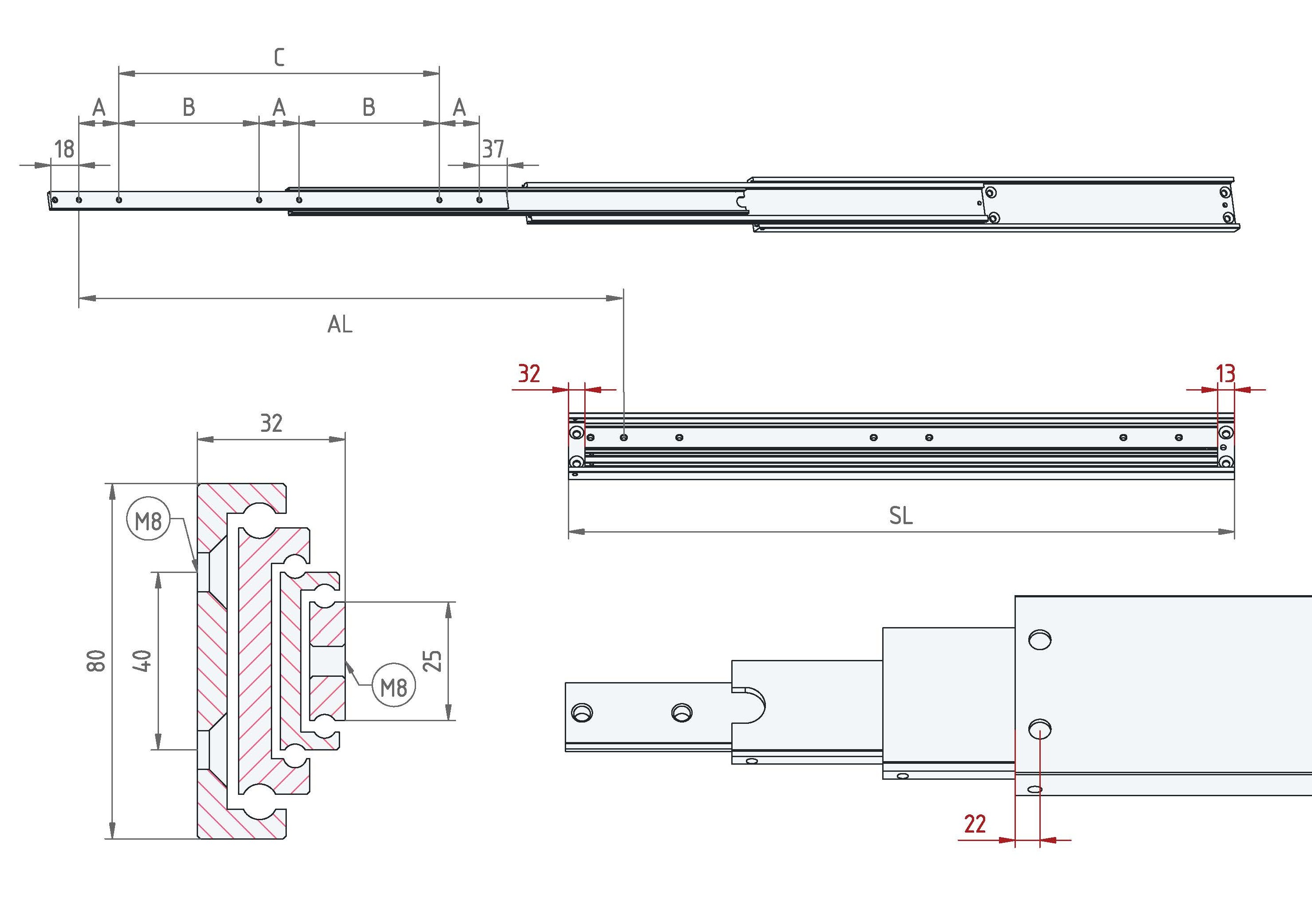 Leschhorn HP3CU 8032-0300-GS-ST Hochpräzise Schwerlast-Teleskopschienen, 3C-Profil 80x32, Überauszug 150%, A=450, GS: Gewinde M8/Senkbohrung für M8, Lastwert 310kg, Stahl verzinkt - LE HP3CU-8032 Technische Zeichnung