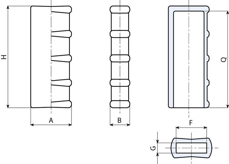 Leschhorn M720 Rechteckige Griffe  H 77; F 20,5; Bohrung G 10; Kunststoff PA, schwarz - LE M720 Rechteckige Griffe-EcoLine-Massblatt