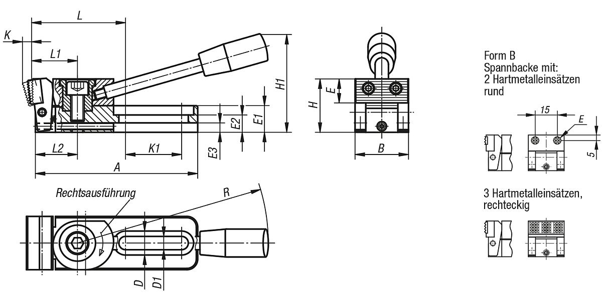 Norelem 04516-006010 NIEDERZUGSPANNER FORM B, RECHTSAUSFÜHRUNG - NLM 04516-B Niederzugspanner Form B - Massblatt