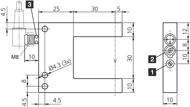 di-soric OGU 040 P3K-TSSL Gabellichtschranke, Gabelweite: 40 mm, Schenkellänge: 45 mm, Sendelicht: Infrarot, getaktet, Schaltausgang: pnp, 200 mA, NO/NC, umschaltbar, Anschluss: Stecker, M8, 3-polig - di soric OGU Gabellichtschranken - TZ