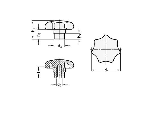 Ganter 6336.2-25-M5-E Sterngriffe, Thermoplast, mit vorstehender Stahlbuchse - GN 6336-1 Sterngriffe - Duroplast - mit Edelstahl Buchse-Skizze