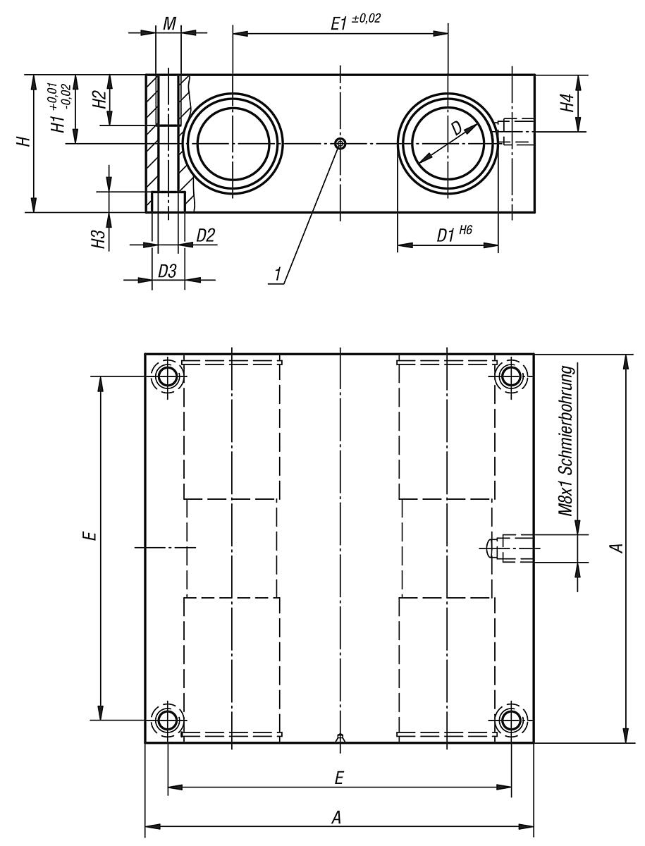 Norelem 21550-251002 LINEARGEHÄUSEEINHEIT D=25, QUADRO, MIT KUGELLAGER 21510 2502 - NLM 21550 Lineargehaeuseeinheiten  Quadro - geschlossen - Massblatt