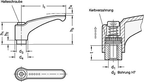 Ganter 602.1-44-B5-OS Verstellbare Klemmhebel, Zink Druckguss, Buchse Edelstahl - GN 602-1 Verstellbare Klemmhebel - Zink Druckguss - Buchse Edelstahl-Skizze