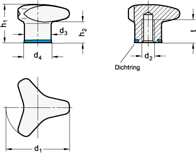 Ganter 5445-40-M8-MT-F  Dreisterngriffe, Edelstahl, Hygienic Design, Griffdurchmesser d1: 40, Gewinde d2: M 8, Oberfläche: MT - mattiert (Ra < 0,8 µm) - GN 5445 Dreisterngriffe - Edelstahl - Hygienic Design - Massblatt