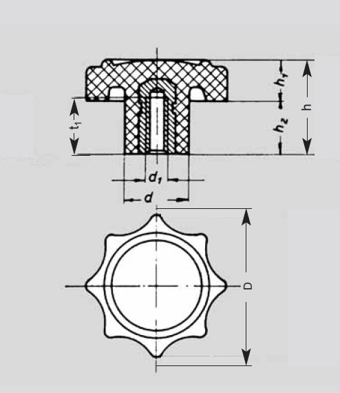 Leschhorn 04437.E30xM06 Sterngriffe Kunststoff Duroplast, Gewindebuchse Stahl verzinkt, blau passiviert - 04437 Sterngriff-TZ