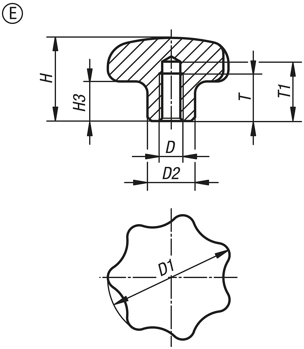Norelem 06194-532062 STERNGRIFF                    EDELSTAHL, FORM E, D1=32, D5=M6 - NLM 06194-E Sterngriffe aehnlich DIN 6336 Edelstahl - Form E - Massblatt