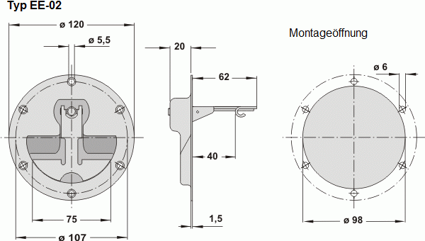 Leschhorn EE-02-R120-39   Edelstahl Klappgriffe rund A 107,  hochglanz elektropoliert - Leschhorn EE-02 Edelstahleinbaugriffe Rund