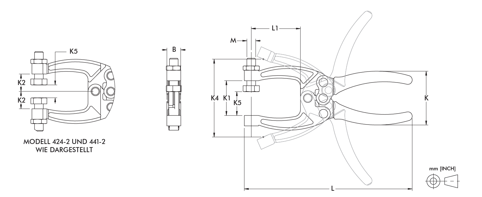 DESTACO 441 Spannzange mit einer einstellbaren Spindel, Haltekraft 1560N - DESTACO 441/441-2 Spannzange Standard - Massblatt