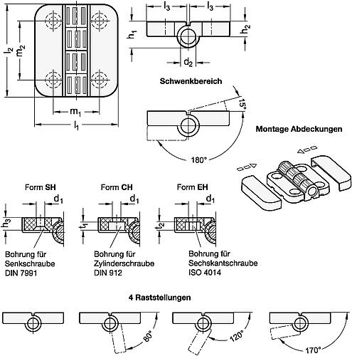 Ganter 122.1-45-50-CH SCHARNIER MIT RASTSTELLUNGEN - GN 122-1 Scharniere mit 4 Raststellungen - Kunststoff-Skizze