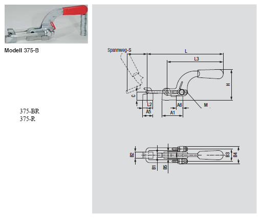 DESTACO 375 Verschluss-Spanner Standard Haltekraft 15000N, Spannweg 90mm - 375-B Verschluss-Spanner Standard - U- Buegel - Fuss zum Anschweissen