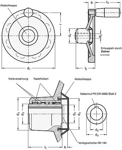 Ganter 321.6-160-K16-D SICHERHEITS HANDRAD - GN 321-6 Sicherheits Handraeder - Aluminium-Skizze