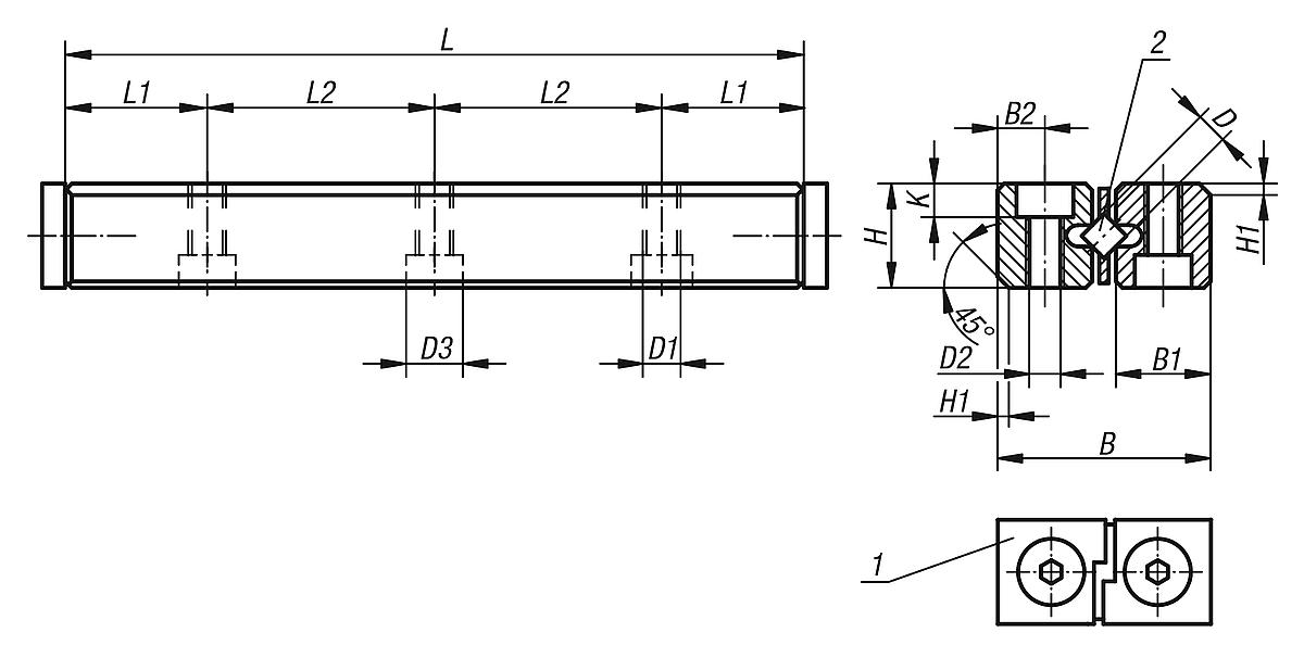 Norelem 21050-02045 KREUZROLLEN FÜHRUNGSSCHIENE 1 STK., D=2, L=45 - NLM 21050 Kreuzrollen Fuehrungsschienen - Massblatt