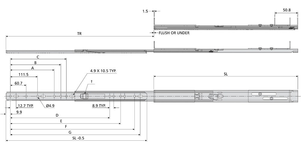 Accuride DZ2807 Serverschiene, 100% Überauszug, 26,9x9,6 SL 711, TR 762, 1,66kg, hell verzinkt - Accuride DZ2807 Technische Zeichnung