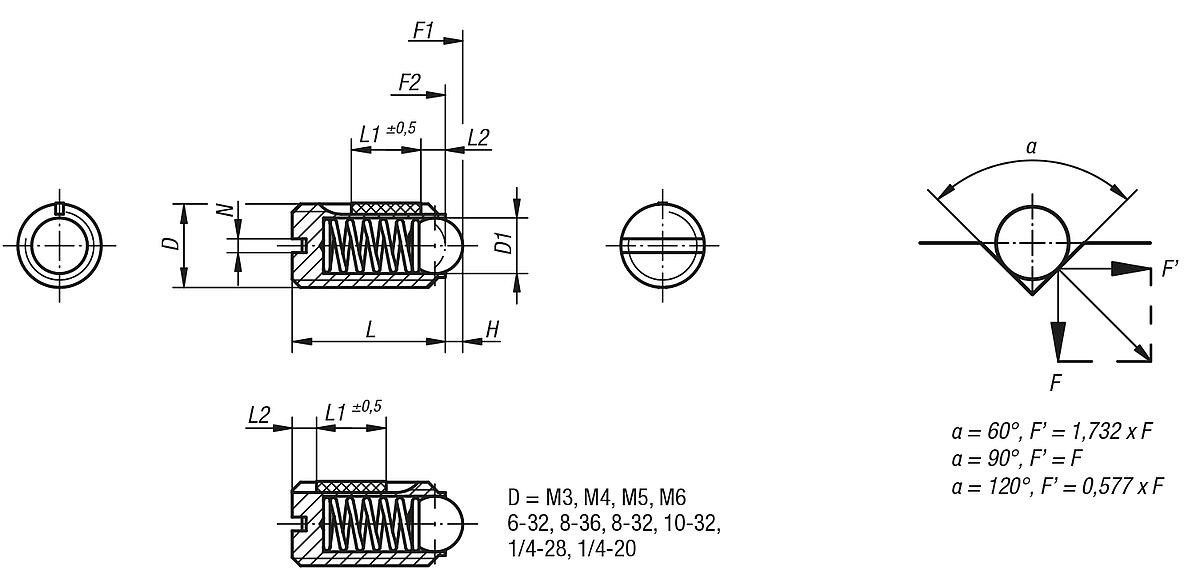 Kipp K0322.04 FEDERNDES DRUCKSTÜCK  M4      EDELSTAHL, KUGEL, LONG LOK - K0322 Federnde Druckstuecke mit Schlitz und Kugel-Standard Federkraft-Massblatt