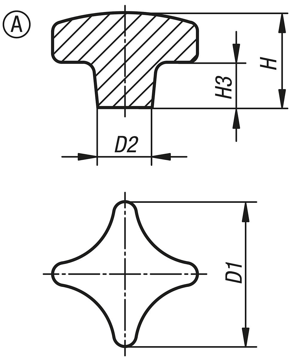 Kipp K0147.106 KREUZGRIFF GG, FORM A, D1=32 - K0147-A Kreuzgriffe DIN 6335 aus Grauguss - Form A - Massblatt