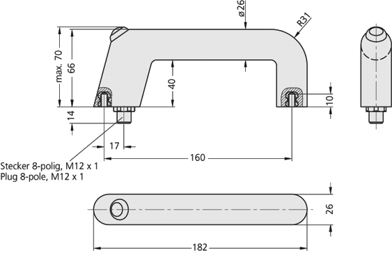 Leschhorn FG11-4SR.160.84   Funktionsgriffe Typ 2 rot Anschluß Stecker, A 160,  Griff mit 1 Taster - Zeichnung FG11 Funktionsgriffe mit Drucktaster und LED Beleuchtung