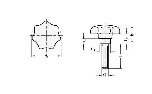 Leschhorn 6336.4-ST-32-M6-20 STERNGRIFFSCHRAUBE DIN 6336 Form L (THERMOPLAST) - GN 6336-4 Sterngriffschrauben - Kunststoff - mit vorstehendem Stahl Bund - Stahl Gewindestift-Skizze