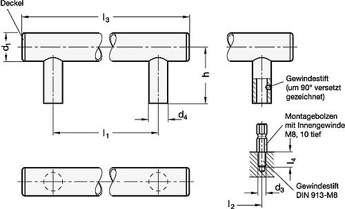 Ganter 666.7-30-M8-200-E EDELSTAHL ROHRGRIFF, DECKEL EDELSTAHL - GN 666-7 Edelstahl Rohrgriffe-Skizze