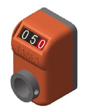 Fiama OP2-A-4,0-SX-10-R mechanische digitale  Positionsanzeigen, Ansicht A horizontal, Steigung 4,0mm, Anzeige nach 1 Umdrehung 04,0; SX= links steigend, Hohlwelle 10H7, Farbe R= orange, Drehmomentstütze, Achsabstand I= 18 mm - LE 70063 OP2 Anzeige A