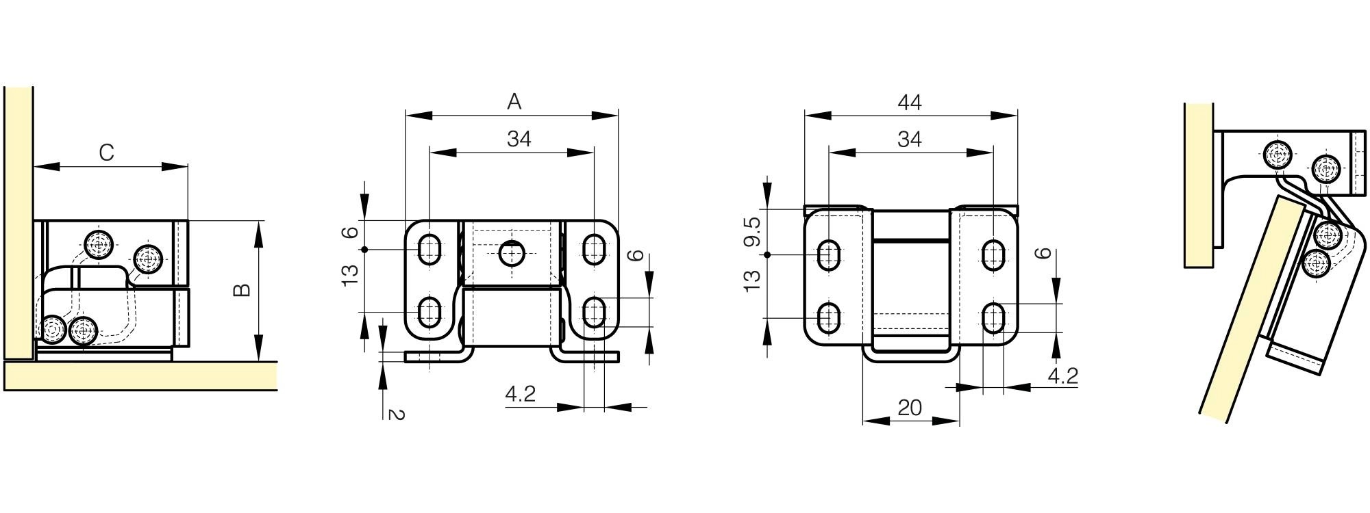 Leschhorn 70-1-3639 Scharnier für unsichtbaren Anschlag mit Schwingarmen - Öffnungswinkel 125°, A= 44mm, B= 29mm, C= 32mm, Material: Stahl, verzinkt - LE 72-1-36 Scharnier fuer unsichtvaren Anschlag mit Schwingarmen - Oeffnungswinkel 125 Grad