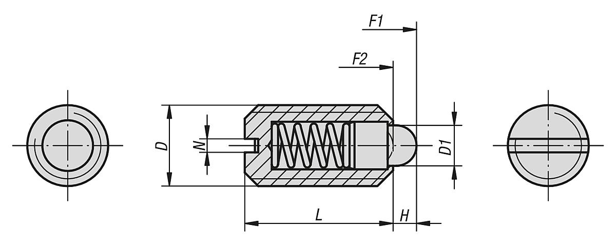 Kipp K0313.210 FEDERNDES DRUCKSTÜCK  M10, BOLZEN, VERSTÄRKTE FEDERKRAFT - K0313 Federnde Druckstuecke mit Schlitz und Druckbolzen - verstaerkte Federkraft - Massblatt