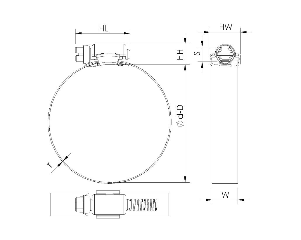 IDEAL Tridon HY-GEAR 102-152/14,3 W4 Schlauchschellen HY-GEAR, Spannbereich 102-152mm, Breite 14,3, Schlüssel SW8, Material W4 - HY-GEAR Schlauchschelle - Breite 14 3mm - Material W4-Skizze