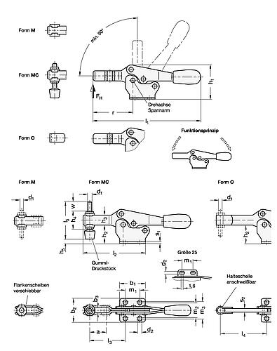 Ganter 820-130-M-NI Horizontal-Spanner mit waagrechtem Fuß, Edelstahl - GN 820 Edelstahl Schnellspanner - Spannhebel horizontal - mit waagrechtem Fuss-Skizze