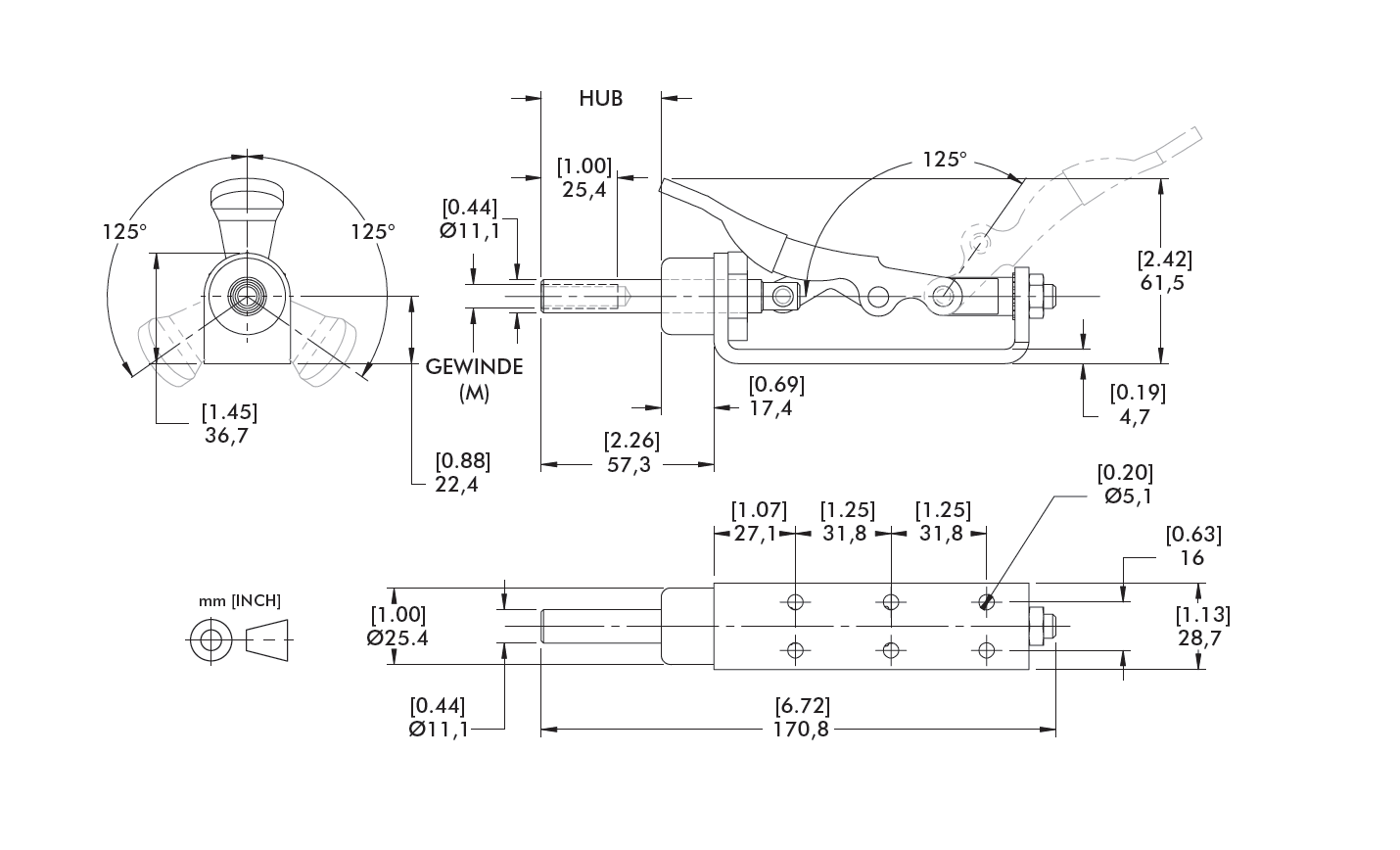 DESTACO 606 Schubstangenspanner Standard  Haltekraft 2000N, Hub 40mm, INCH: Zoll-Kolbengewinde 5/16-18 - DESTACO 606-M Schubstangenspanner; Haltekraft 2000N, Hub 40mm, zöllg_massblatt