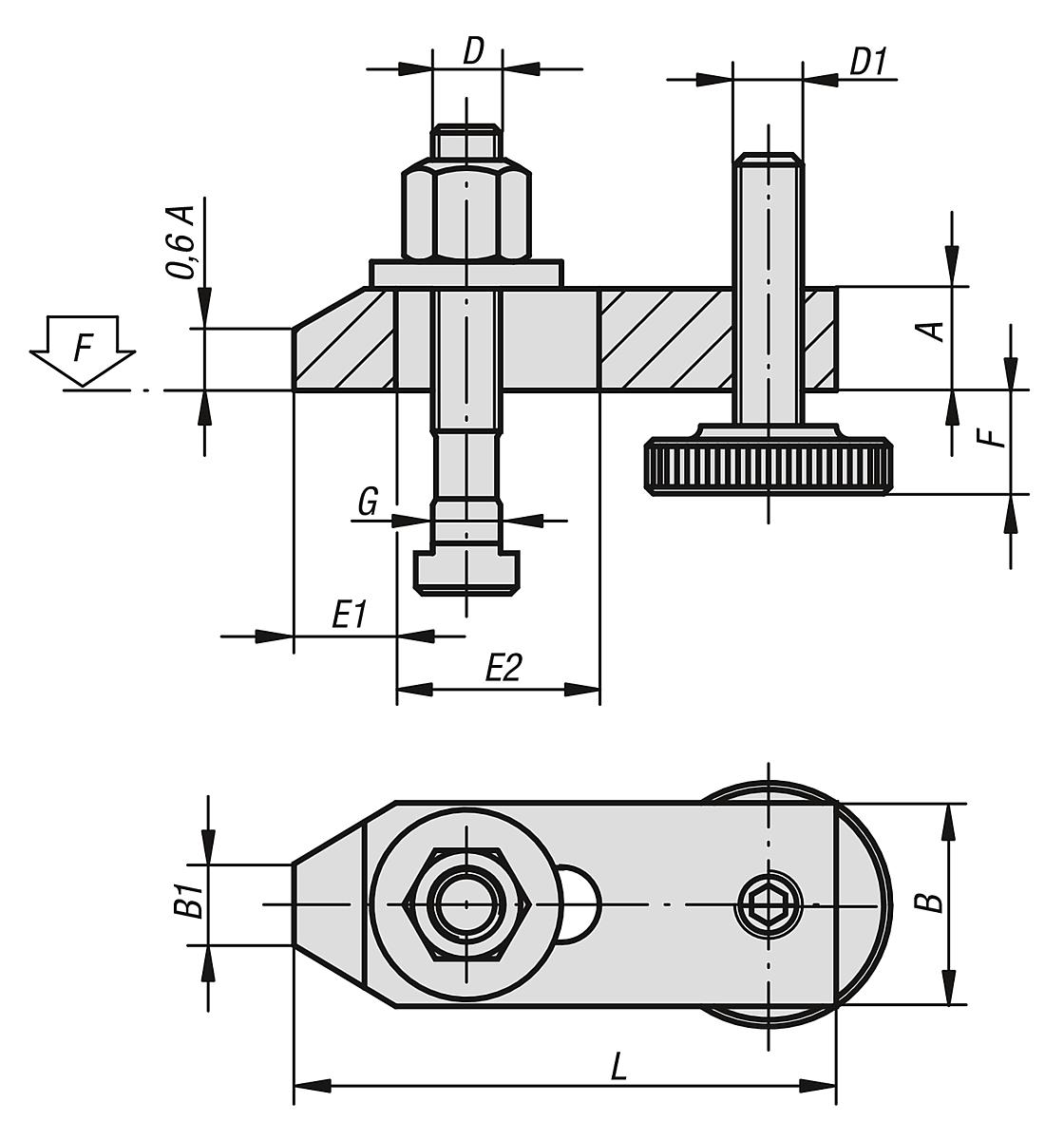 Kipp K0003.2020 VERSTELLBARES SPANNEISEN, L=160, FÜR T NUT 20 - K0003 Verstellbare Spanneisen gerade - mit Schrauben - Massblatt
