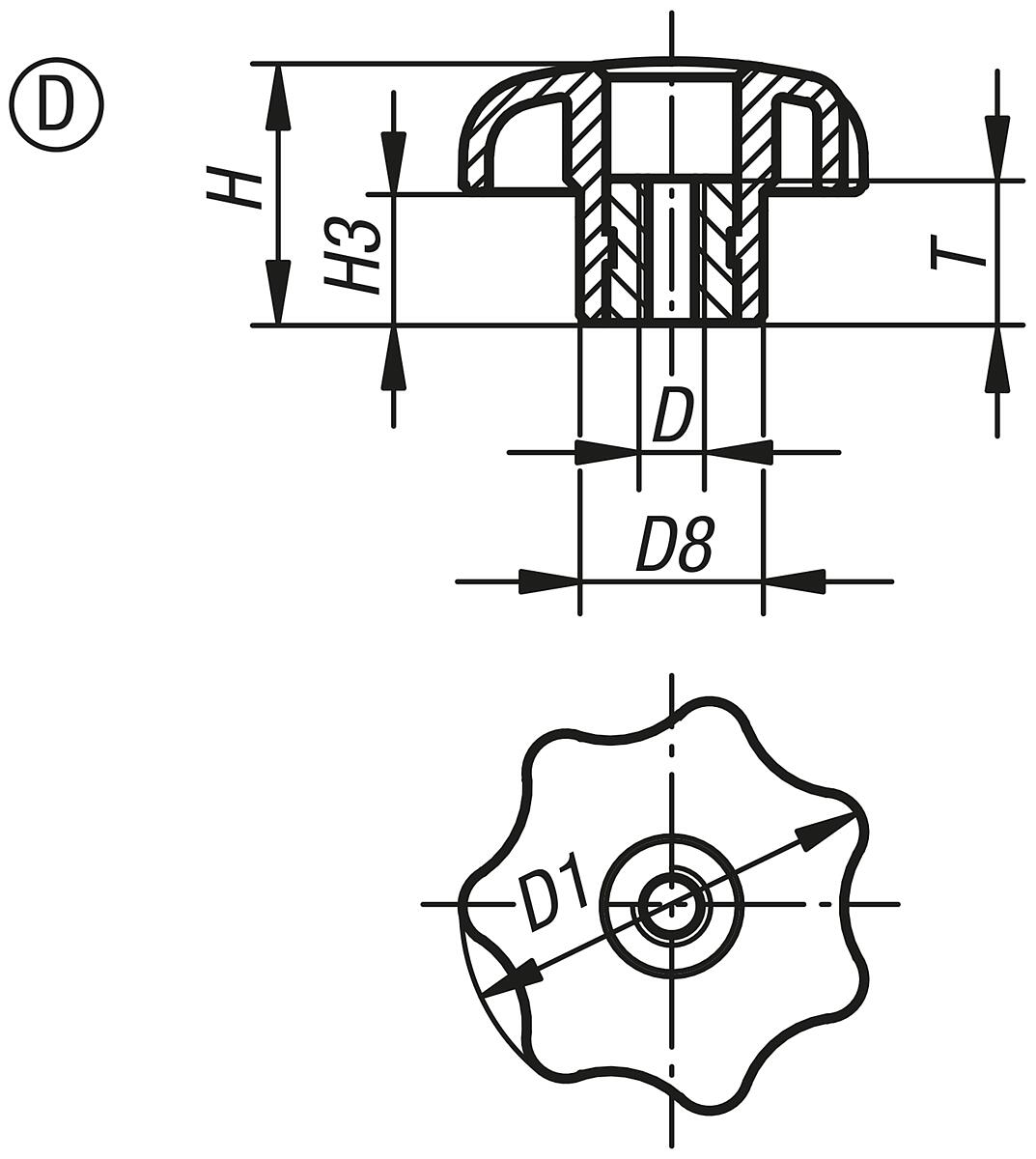 Kipp K0155.5051 STERNGRIFF D1=32  M5, FORM D - K0155-D Sterngriffe aehnlich DIN 6336 - Innengewinde - Form D - Massblatt